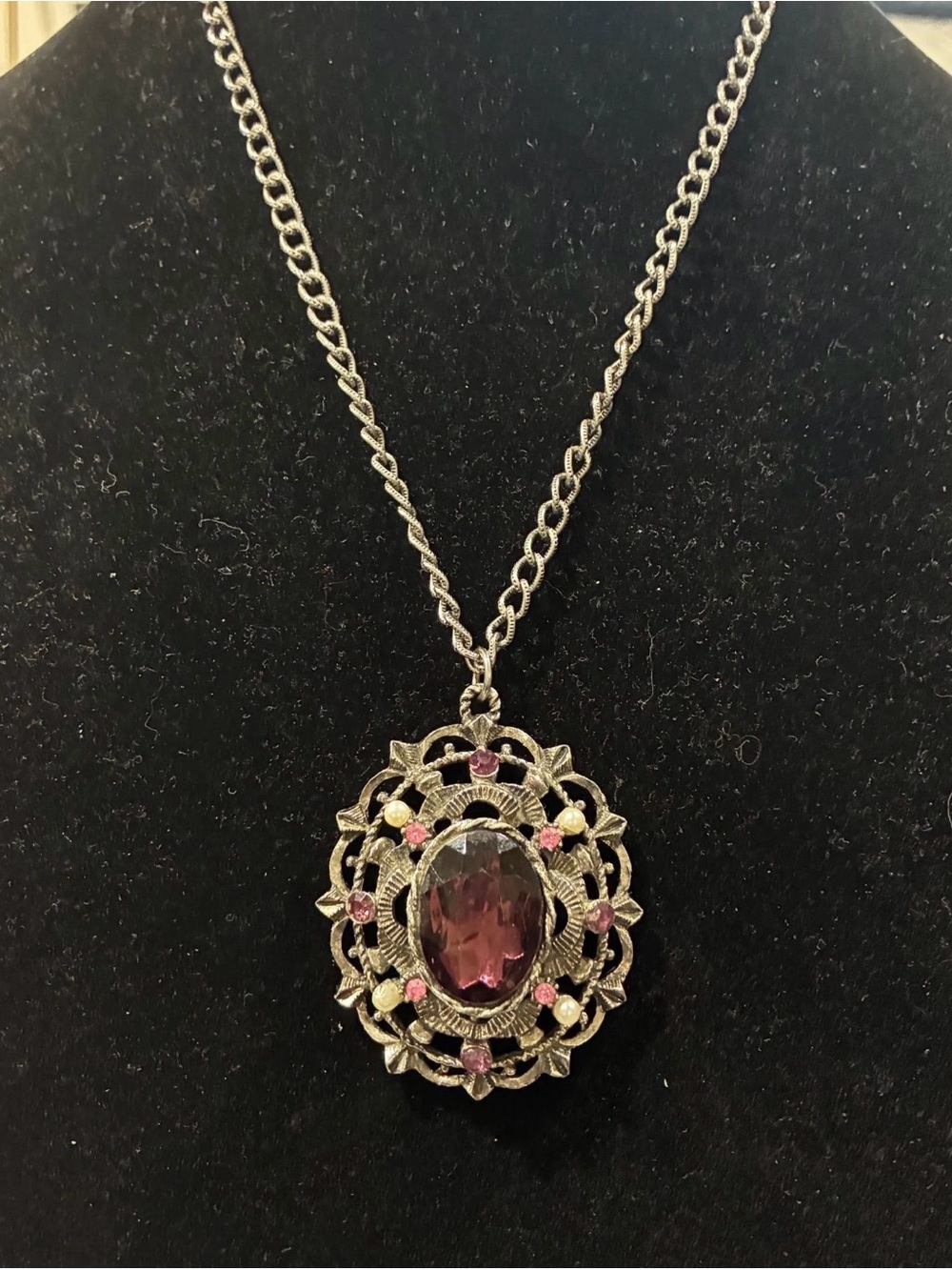 Vintage Silver Filigree Purple & Pink Rhinestone Pendant Necklace